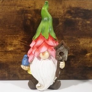 Resin Garden Gnome Spring Tabletop Decor w/ Red Flower Hat Wood Birdhouse New